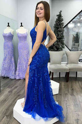 Mermaid Deep V Neck Tulle Applique Long Prom Dress